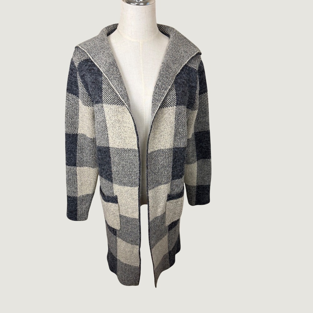 Monteau Los Angeles Grey Plaid Hooded Cardigan Sweater Small Open Front Pocket